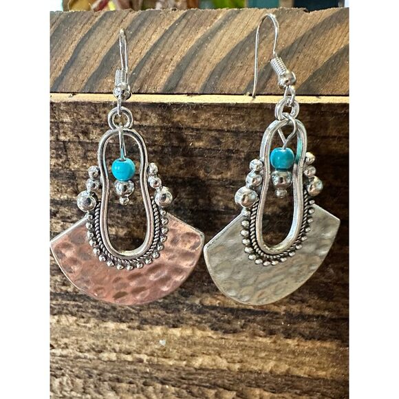 Boho Hippie Western Cowgirl Turquoise Stone Fan Silver Drop Wire Earrings, Gift - Picture 3 of 7